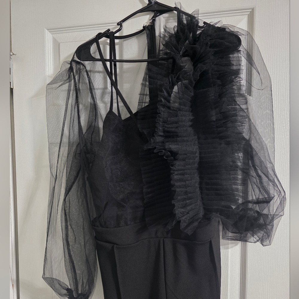 Ashley STEWART Brand: Chic Black Mesh Top Jumpsuit with Ruffle Detail. Worn ONCE